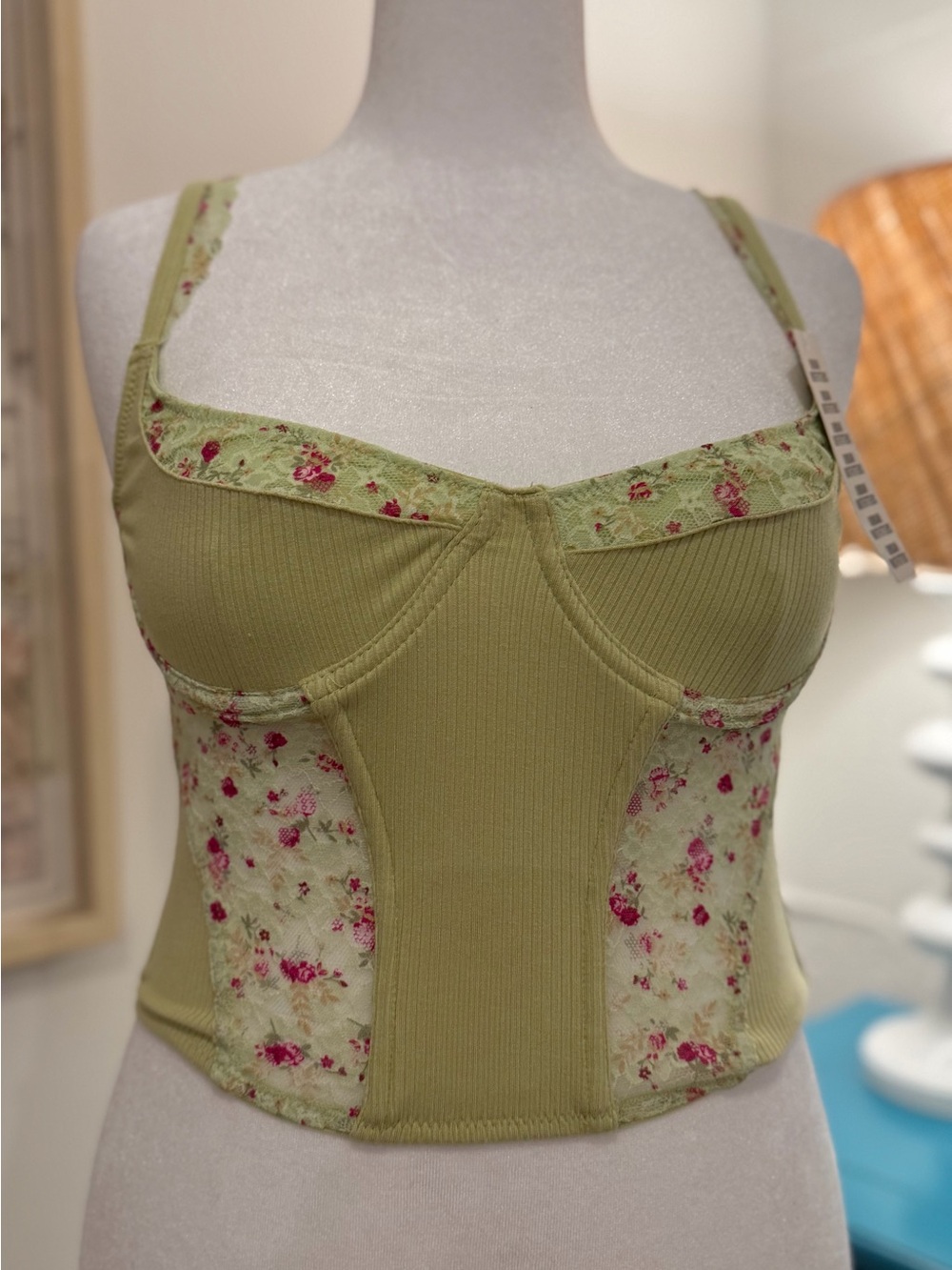 NWT Urban Outfitters Olive Green Floral Panel Bustier Tank